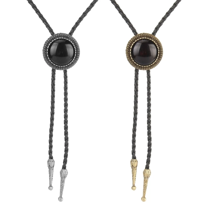 Round Stone Jewelry Cowboy Bolo Tie Western Faux Leather Rope American Necktie
