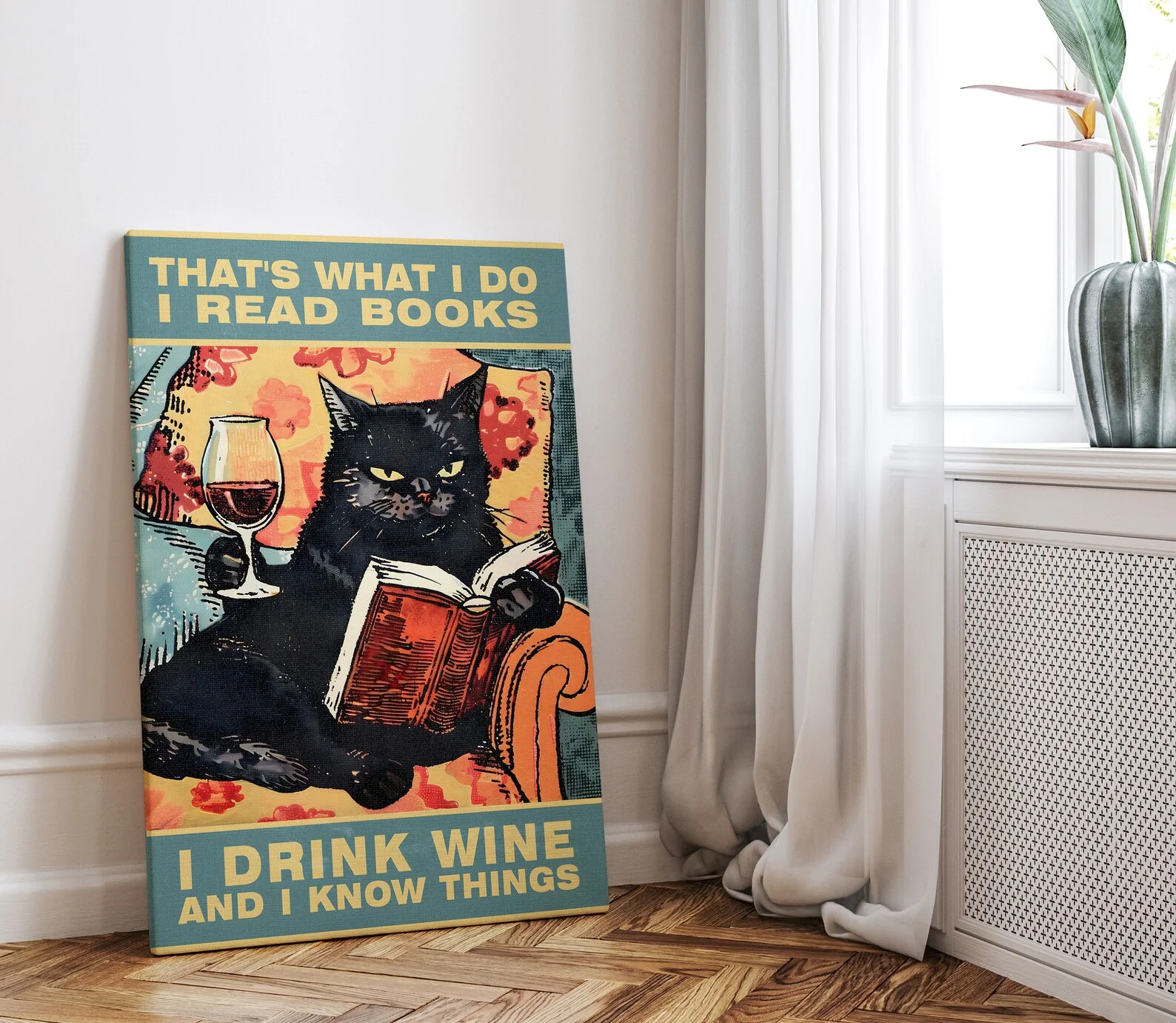 Black Cat Reading Book Drinking Wine Typography Poster or Canvas Print, Cat Wall Art, Quirky Black Cat Book Wine Lover Vintage A - view 4