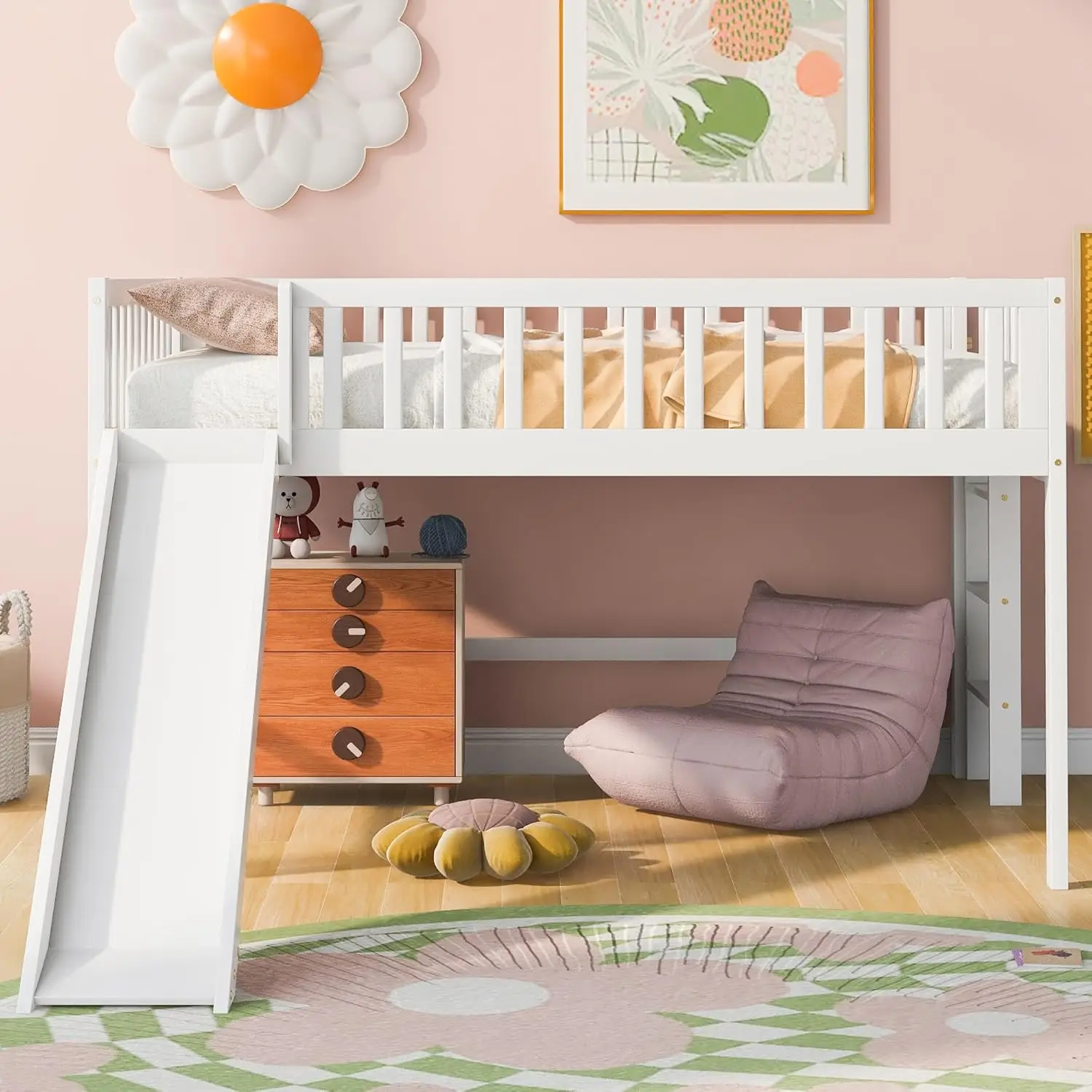 Full Size Low Loft Bed With Slide And Ladder,Wooden Bed Frame With/Guardrails, For Kids And Young Teens, No Box Spring