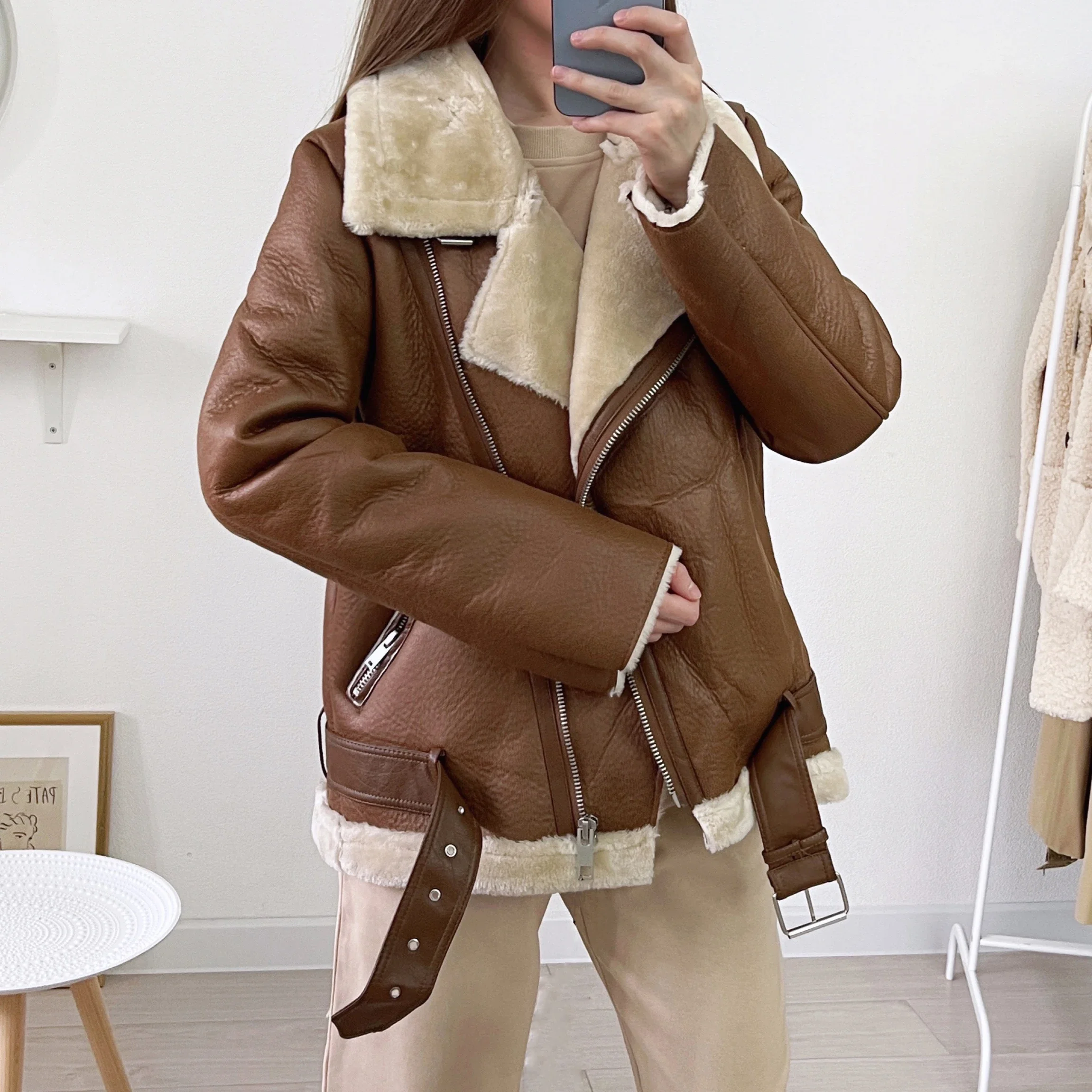 New Warm Women Faux Fur Jacket Winter Casual Streetwear Leather Buckle Solid Comfortable Fashion Loose Female Thick Outwear