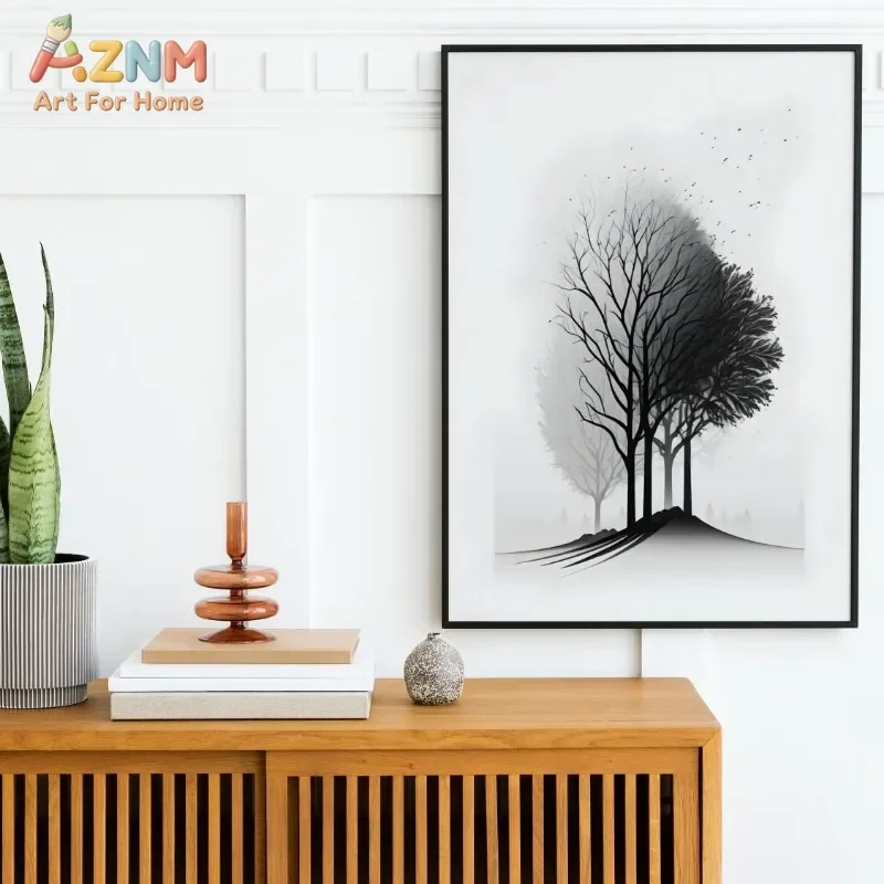 AZNM Black White Ink Mountain Tree Canvas Wall Art, Minimalist Nature Landscape Raven Bird Print, Monochrome Forest Scenery Post