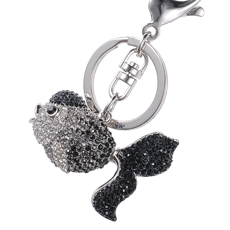 High Quality Drip Alloy Keychain Chaveiro drop oil Glaze black goldfish rhinestone crystal beads KeyChain stainless Key Ring