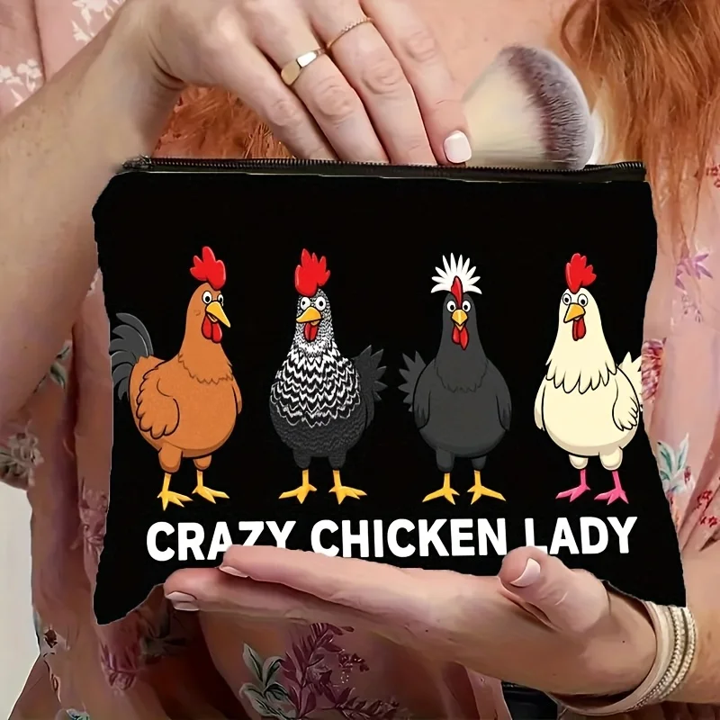 Cosmetic Makeup Bag Featuring a Cartoon Chicken Design, Labeled 'Crazy Chicken Lady', with a Zipper Closure