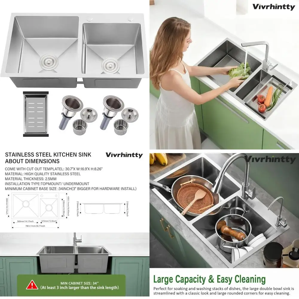 

Double Bowl 30-inch Stainless Steel Kitchen Sink with Nano Coating, Drop-in/Top-Mount, Drain Assembly and Fruit Basket Included