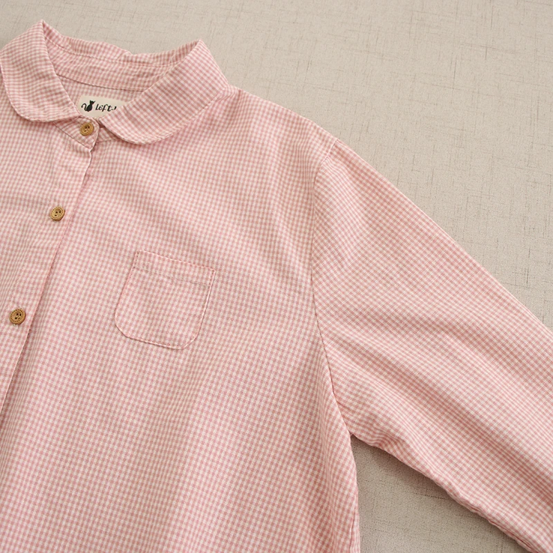 Spring New Japanese Mori Girl Vintage Plaid Cotton Shirts Women Turn Down Collar Long Sleeve Single Breasted Casual Loose Tops