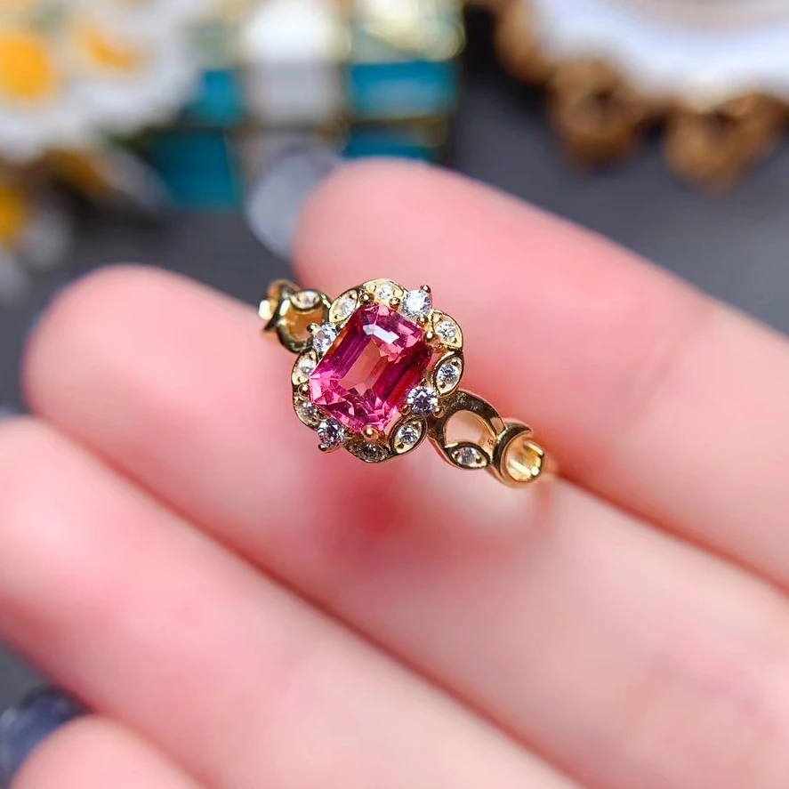 

Real 925 Silver Tourmaline Ring 4mm * 6mm 0.55ct Natural Pink Tourmaline Ring with 3 Layers Gold Plated Keep Shining