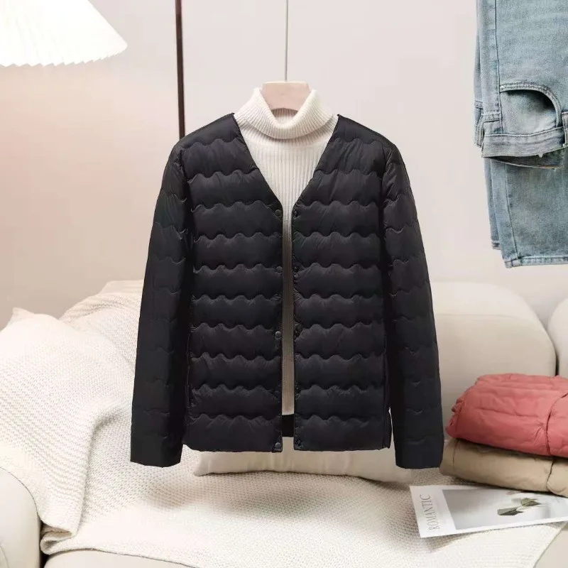 여성용 가을/겨울 경량 다운 재킷용 내피 - 반팔, 라운드 넥, 몸에 꼭 맞는 디자인, 칼라 없음