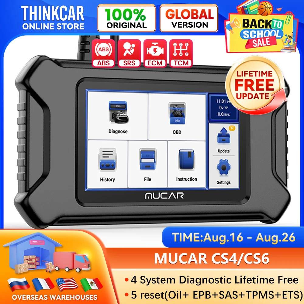 MUCAR CS4/CS6 OBD2 Car Diagnostic Scanner Tools ABS SRS Engine TCM 4 System Oil SAS EPB TPMS ETS 5 Reset Lifetime Free Update