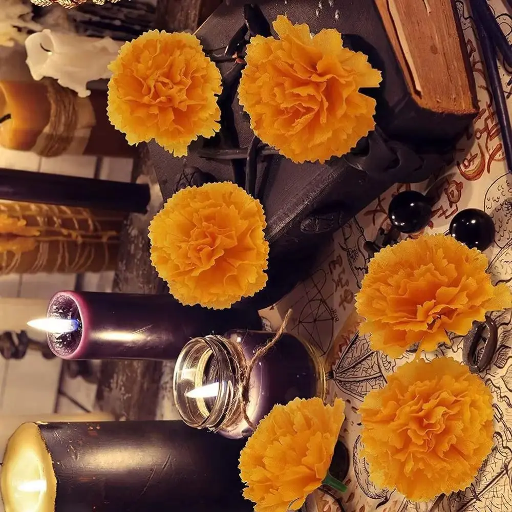 

30Pcs Artificial Flowers Silk Cloth Marigolds Decoration Orange Carnation Flowers for Indian Festival Backdrop Parties