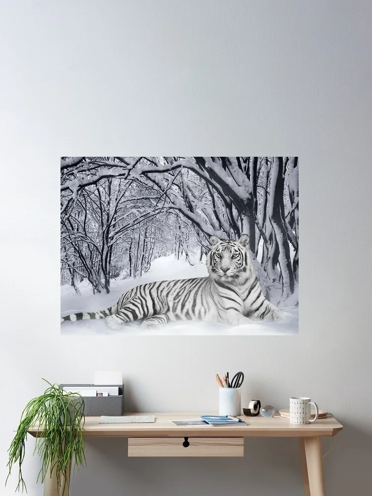 White Tiger in Serene Snowy Forest, Art Print Silk Poster Home Wall Decor