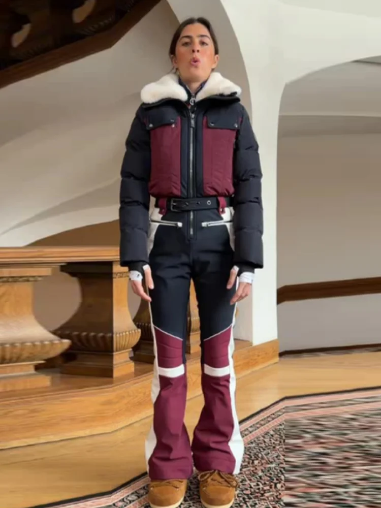 

Новый женский лыжный комплект с меховым воротником и цветовыми блоками, повседневный теплый комбинезон с поясом на талии, модный комплект с длинными рукавами и брюками, лыжная одежда