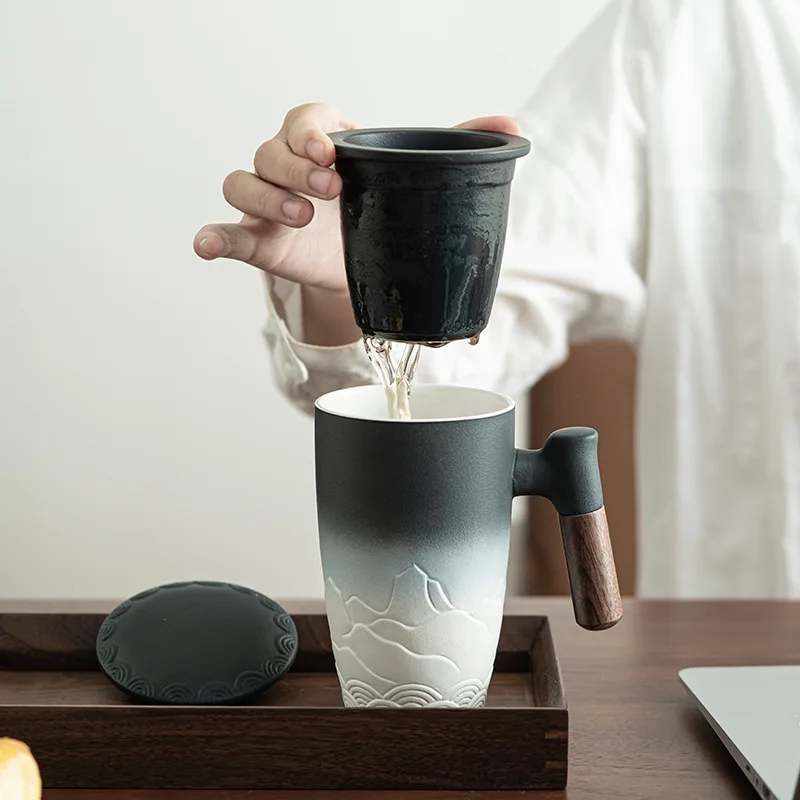 Japanische Keramiktasse mit Holzgriff und Deckel, Große Kapazität Büro-Teetasse, Separate Tee-Wasser-Brüh-Tasse