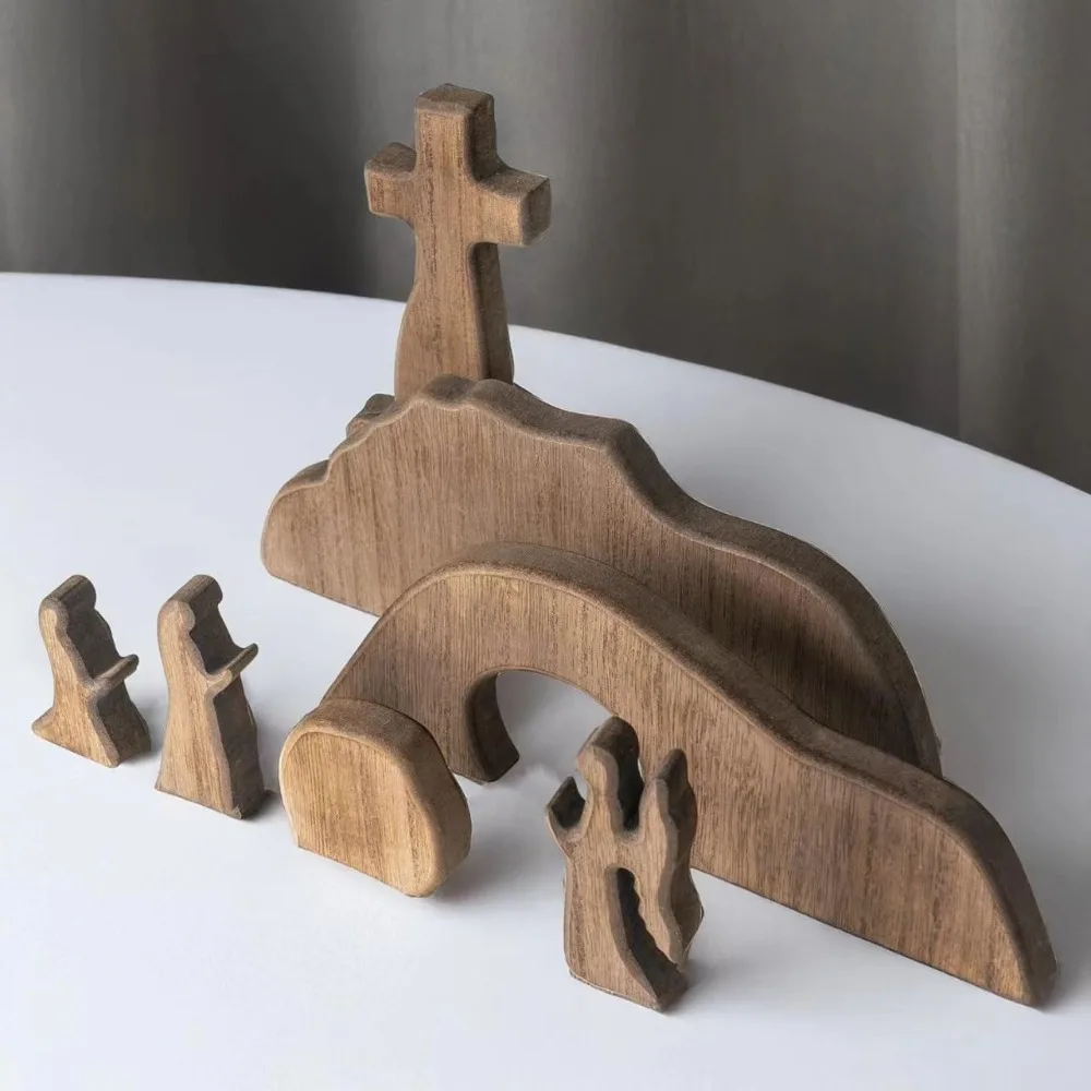 Ornement de Pâques en bois, scène de tombe vide, DIY, mini-statue décorative de la résurrection de Jésus, ensemble de plateau, fournitures de fête