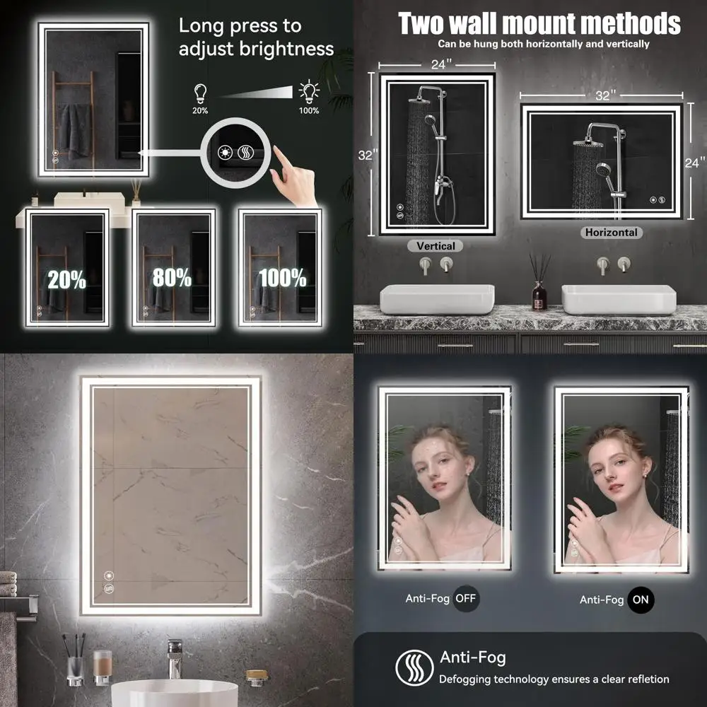 

LED Mirror 24x32 with Touch Sensor, 3 Color LED Lights, Dimmable, Memory Function, Square Wall Mount Bathroom Vanity Mirror