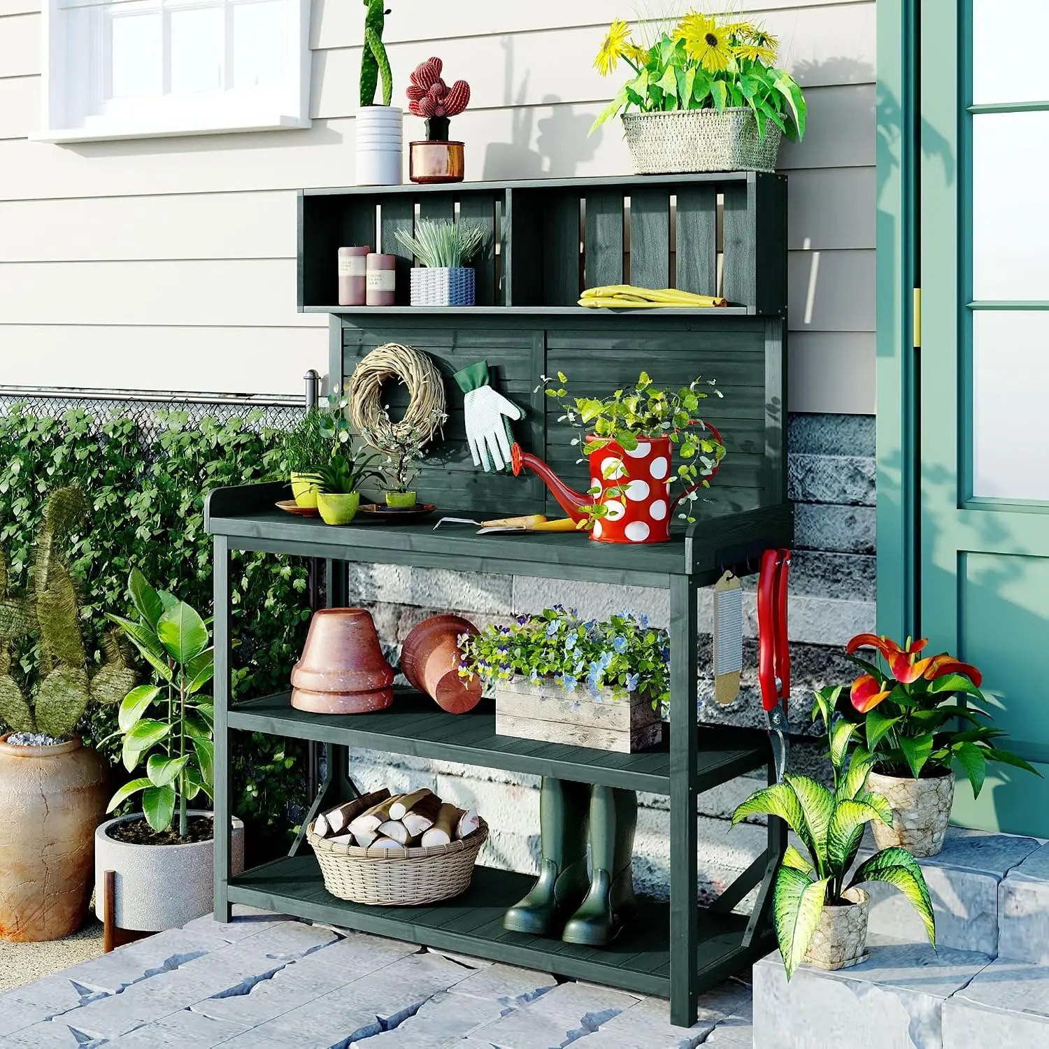 Outdoor Potting Bench, Wood Garden Workstation with 4 Shelves & Hook for Patio, Backyard, Porch, Green, 65