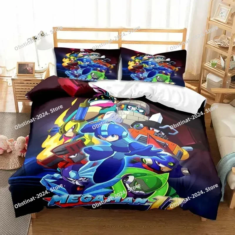 Rockman Megaman 게임 만화 침구 세트 베개 커버 이불 커버가있는 인쇄 침대 세트 소프트 싱글 더블 퀸 슈퍼 킹 사이즈