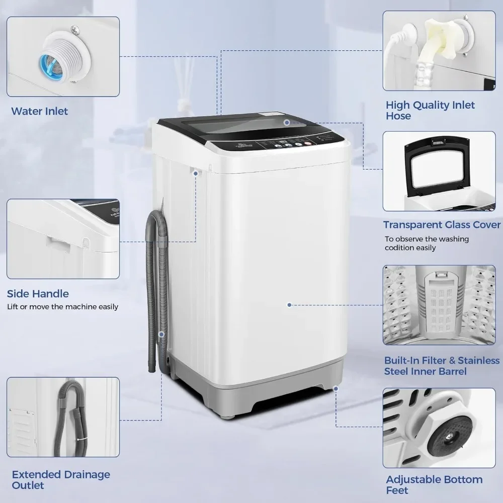 Máquina de lavar portátil, lavadora totalmente automática, pequena máquina de lavar roupa, com 10 programas e 8 níveis de água