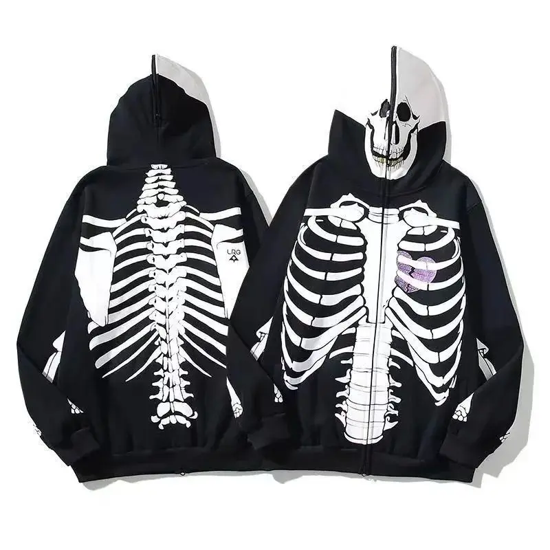 Dark Halloween Skeleton Bones Men Long Sleeve Hooded Cardigan Sweatshirt Fall Winter Fashion Funny Fear All-match Loose Clothing