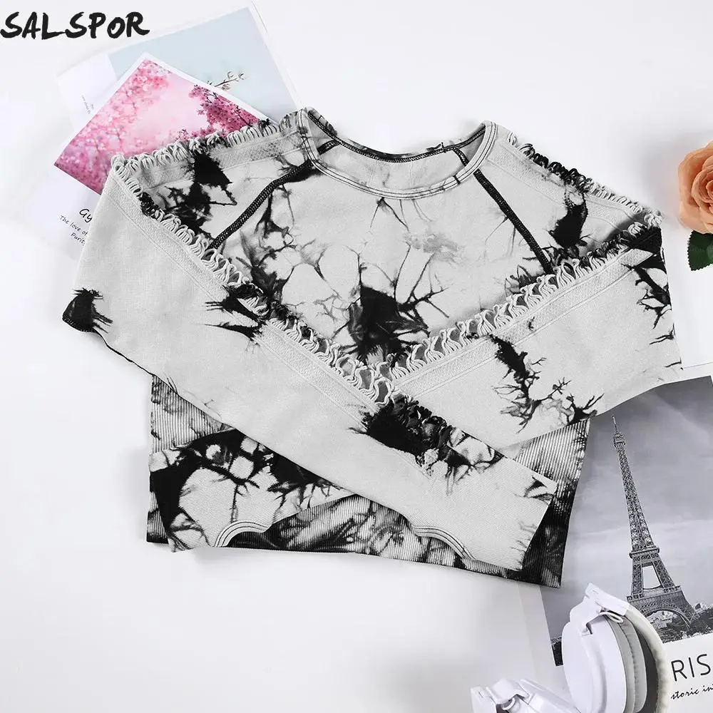 SALSPOR Hollow Tie Dye Sports Top Women Seamless Yoga Shirt Gym Workout Tee Activewear