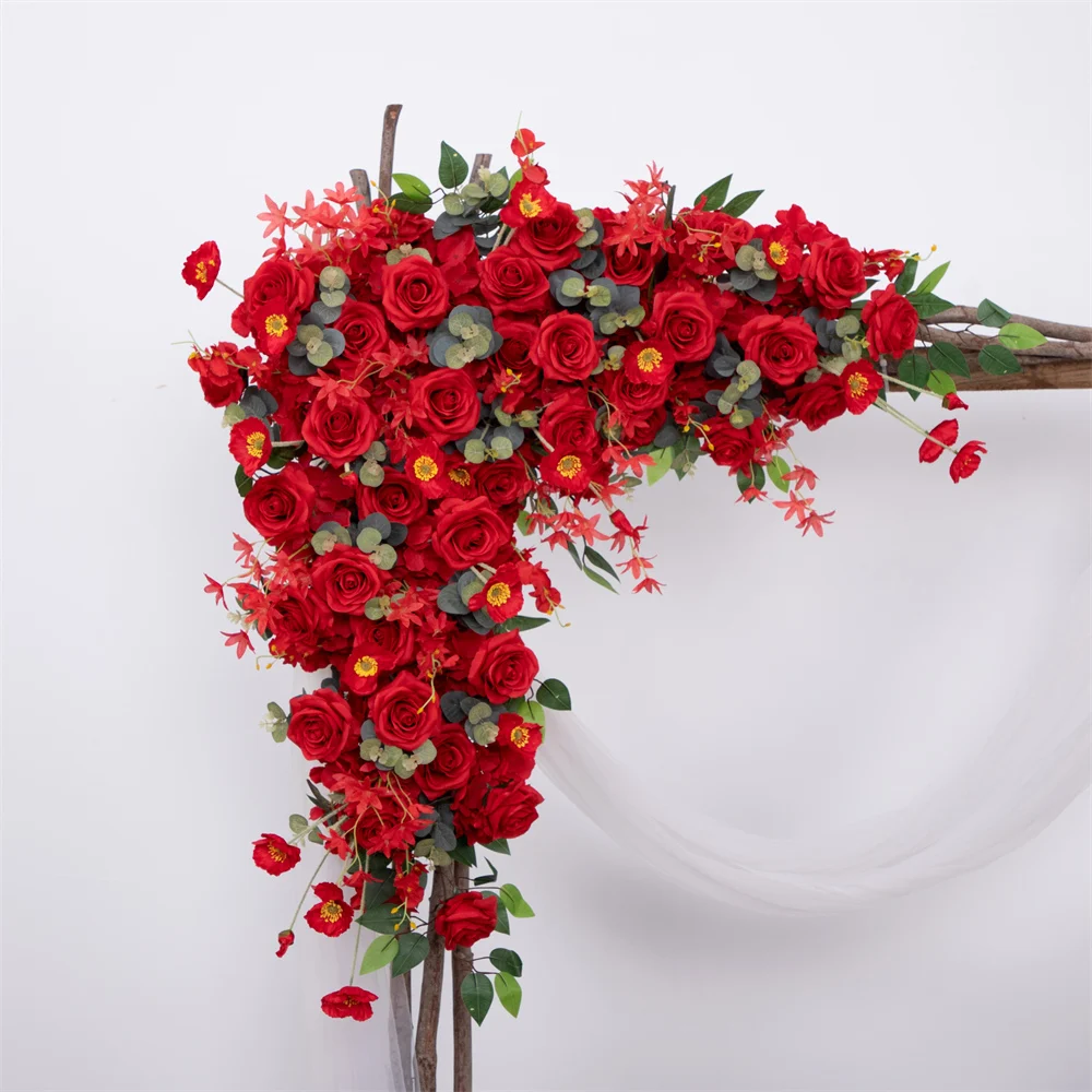 Red Rose Wedding Floral Runner Arrangement Event Backdrop, Fleur Artificial Decoration Props, Silk, Triangular Flower Row, 3.2ft