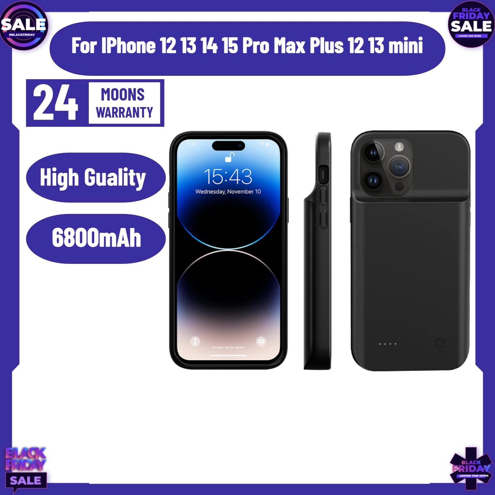 

6800mAh Battery Charger Case for IPhone 12 13 14 15 Pro Max Plus 12 13mini Wireless Charging Power Bank Magnetic Charging Cover