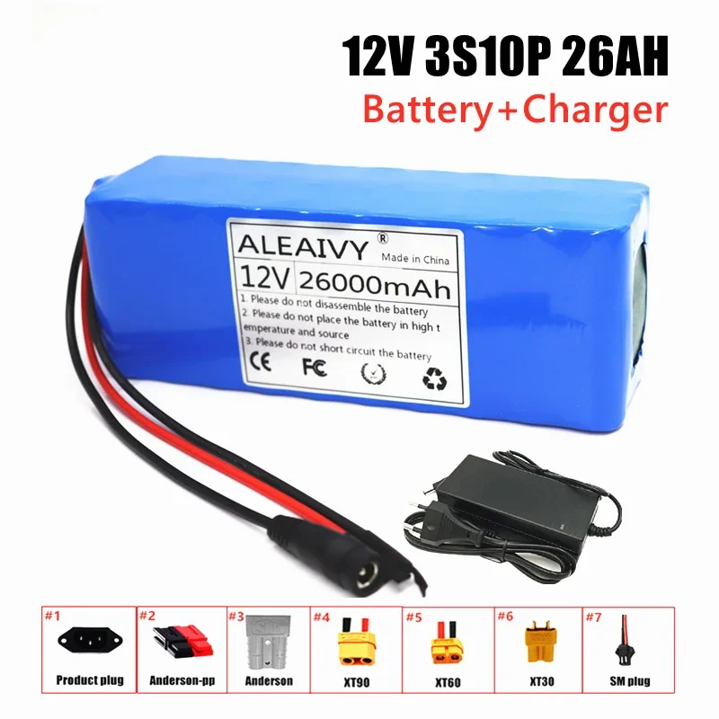 Aleaivy 12V 26000mAh 3S10P 18650 rechargeable lithium battery pack with BMS suitable for 12V electrical equipment+3A Charger