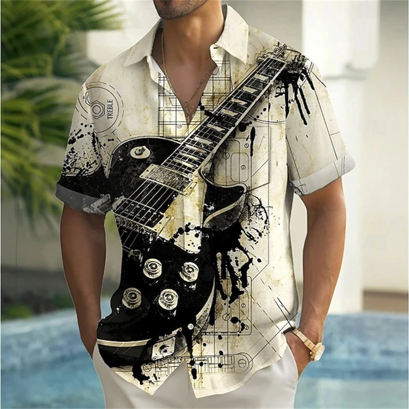 

New Summer Tropical Hawaiian Shirt Summer 3D Printing Musical Instrument Short-Sleeved Blouse Street Music Lover Button Shirts