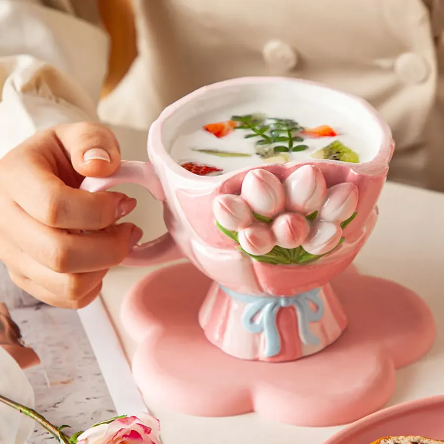 

Three-dimensional Relief Tulip Ceramic Coffee Cup Embossed Flower Bouquet Mugs Mugs Coffee Cups Afternoon Tea Accessories