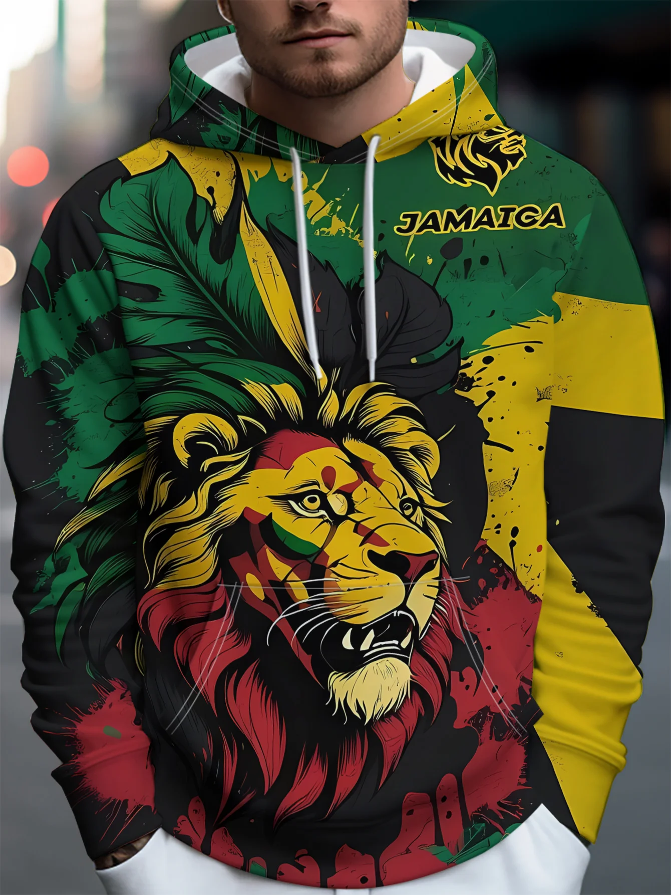 Men Jamaican Flag Lion Leaf 3D Print Hoodie Color Splash Graphic Long Sleeve Pullover Sweatshirt With Pocket