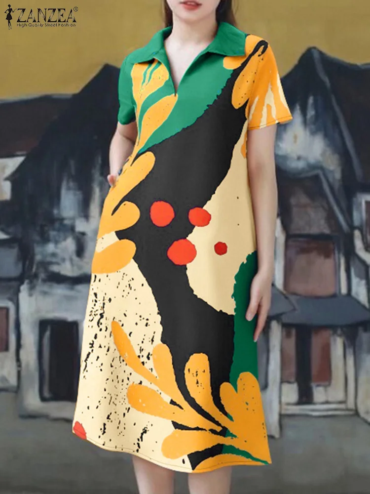ZANZEA-Vestidos de manga corta con cuello vuelto para mujer, Vestidos informales con estampado Floral para mujer, Vestidos por debajo de la rodilla de verano 2025, Vestidos sueltos para vacaciones