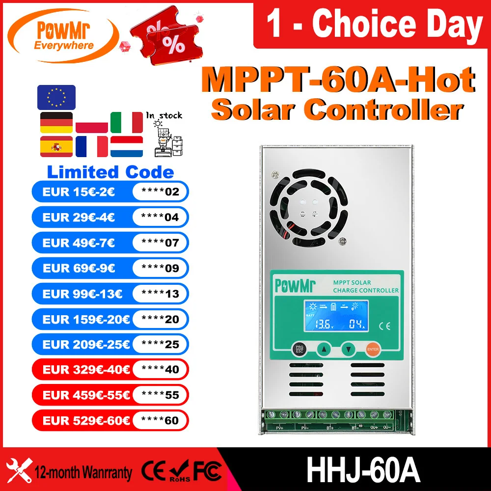 PowMr 60A MPPT contrôleur de Charge solaire fonctionne pour batterie au Lithium-plomb 12V 24V 36V 48V avec écran LCD entrée PV maximale 160VDC