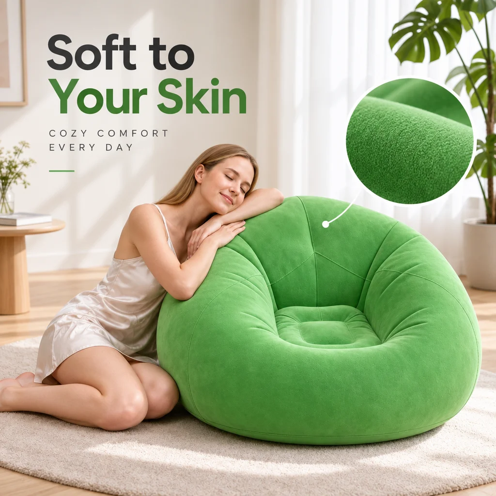 Inflatable Flocked Bean Bag Chair, Portable Air Sofa Lounge Seat for Bedroom Living Room Dorm Reading Gaming Relaxation