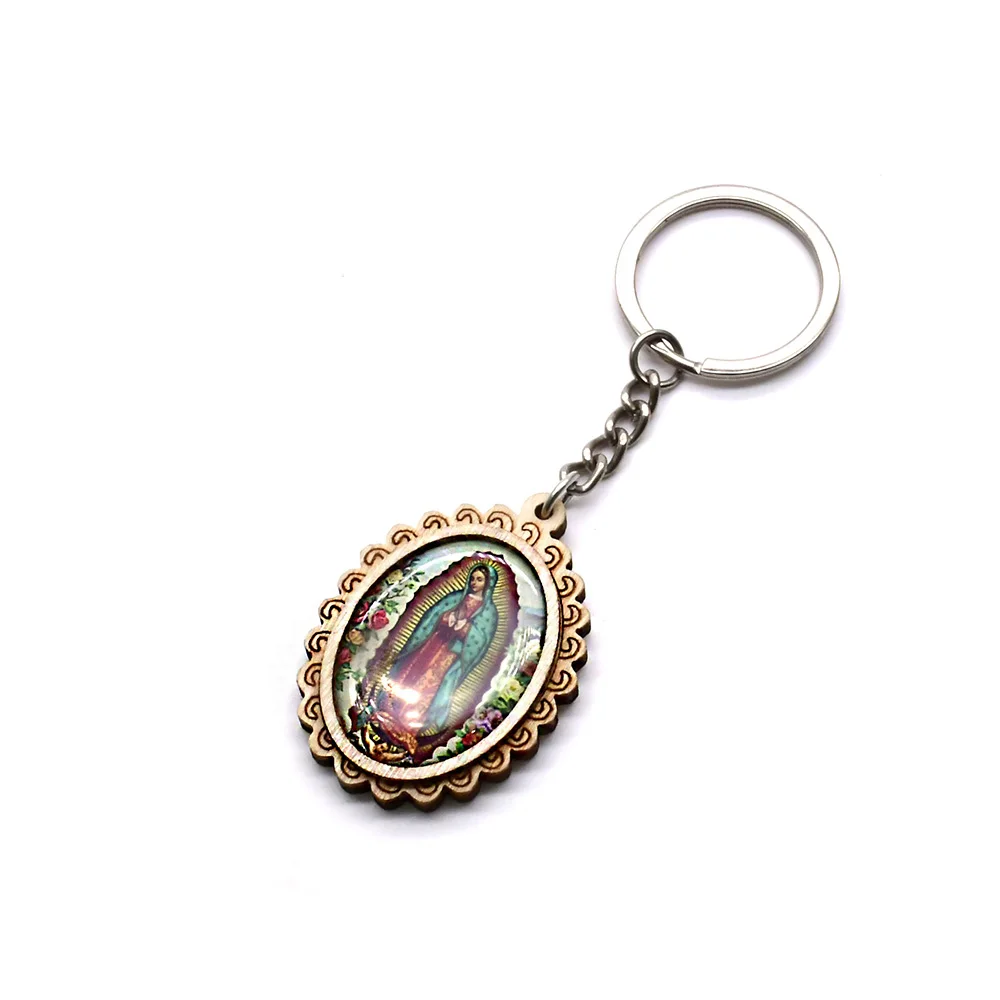 Guadalupe Key Chain Wood ellipse Icon Picture Key Ring For Men Women