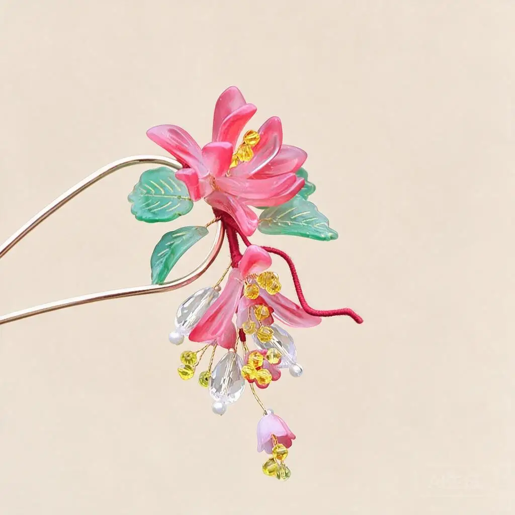 Elegant Chinese Style Pink Flower Hair Pin Vintage Hanfu Cheongsam Hair Stick Handmade Beaded Tassel Hair Accessories For Women