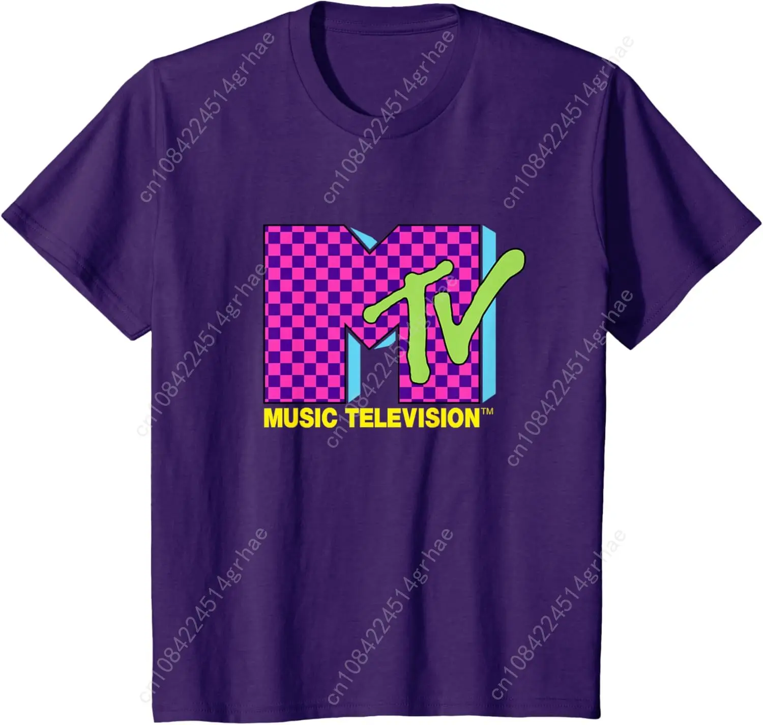 تي شيرت MTV Music Television Retro 80's Neon Pink Checkerboard Logo #4