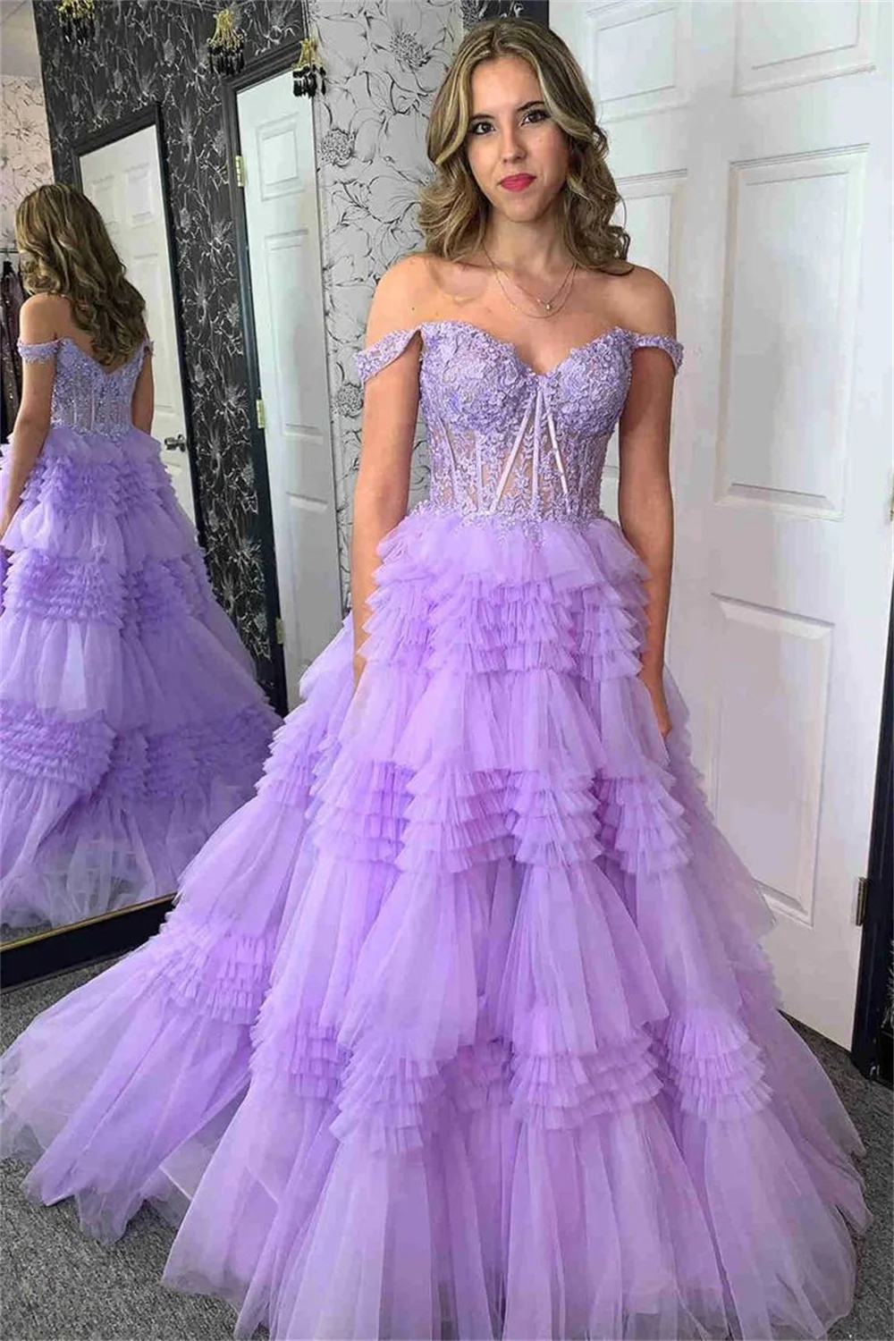 Sansa Spirit Lavender Multilayer Vestidos De Noche Princess Spaghetti Strap فساتين السهرة Sweet Ball Gown Lace Prom Dresses