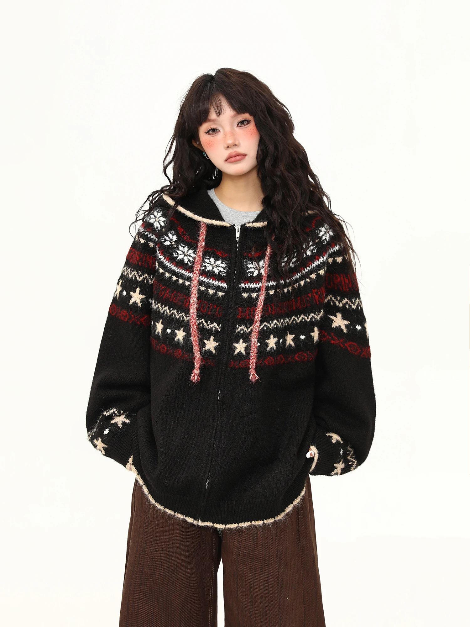 

Wild American Retro Star Fair Isle Open Cardigan Sweater Women's Autumn Winter Hooded Lazy Sle Knitted Outerwear