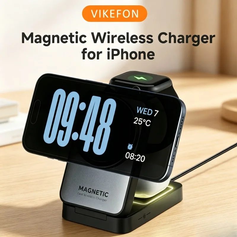 折りたたみ式3in1マグネット式高速ワイヤレス充電ステーション-iphone-17-16-15-14、iwatch、airpods対応-デスクトップ-ホーム-オフィス用充電ドック