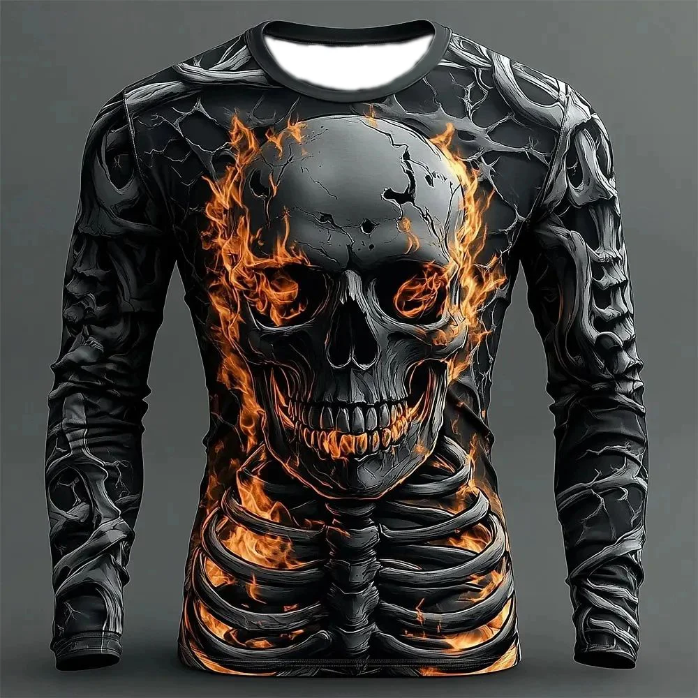 Men’s Women’s Kids Halloween Gothic Skeleton Flame 3D Print Long Sleeve Crew Neck Soft Casual Plus Size Streetwear T-Shirt