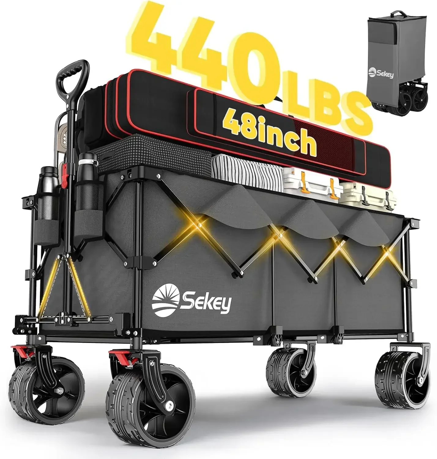 

"48-inch expandable folding wagon with 440-pound load capacity, robust 300-liter folding utility cart for outdoor use"