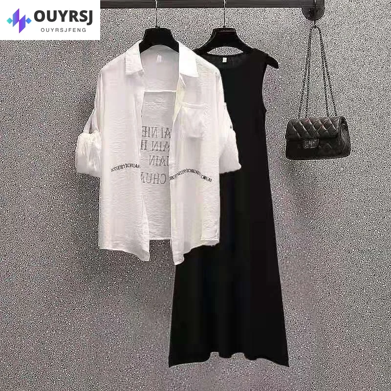 

Oversized Women's Summer Set Chiffon Sunscreen Shirt Black Dress Covering Belly and Hiding Meat Simple Fashion Two Piece Set