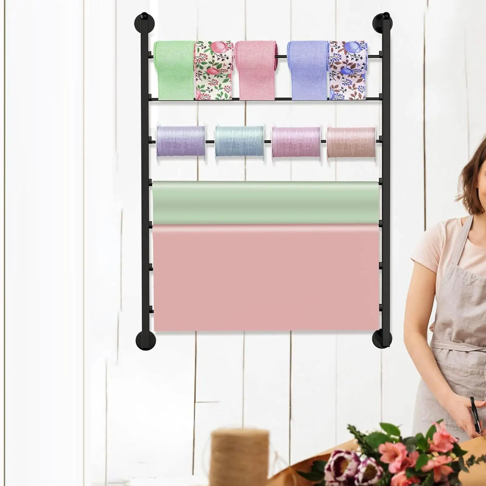 Wall Mounted Ribbon Organizer Storage Rack Space Saving 7 Tier Scarf Towels Rack Ribbon Roll Display Shelf for Cake Shop