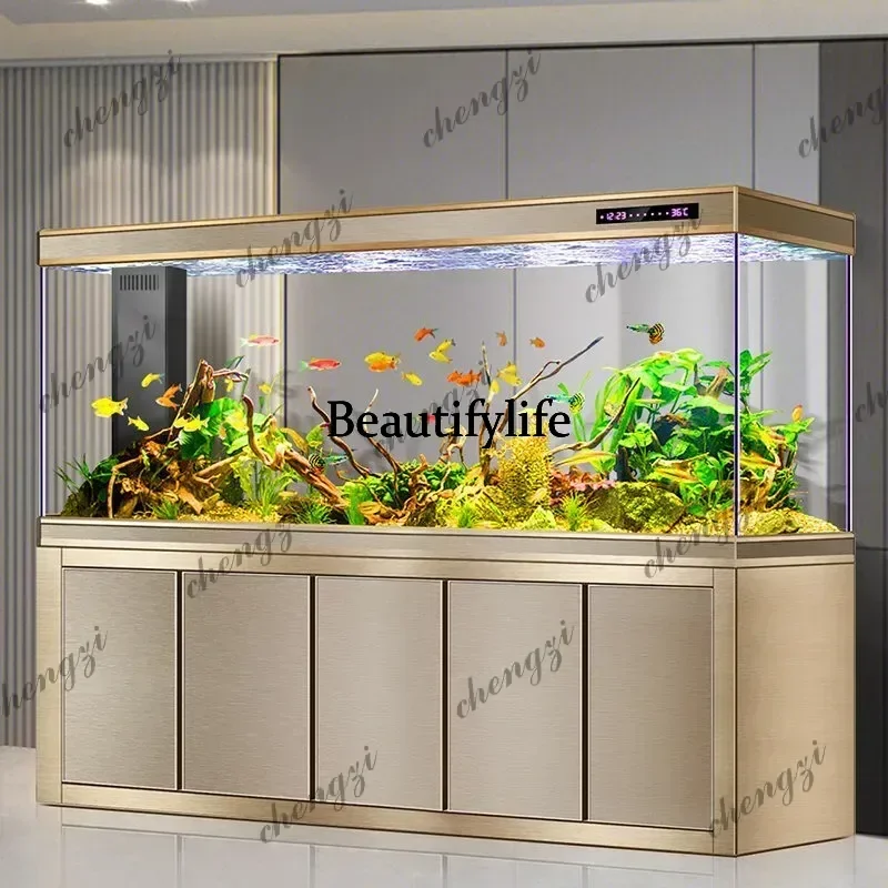 Living room, large arowana tank, screen partition, filter against the bottom of the wall, circulating aquarium, no water change