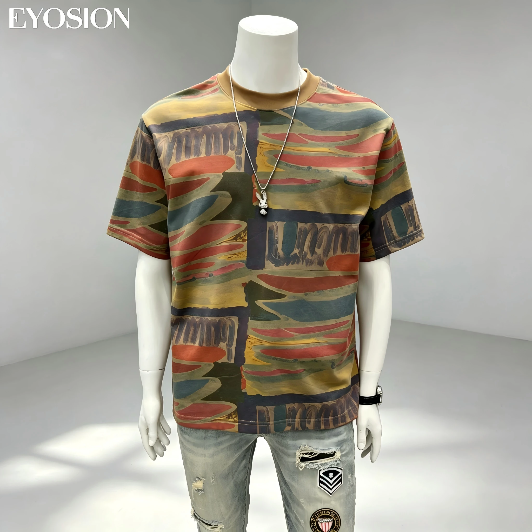 Summer Men's T-shirt Fashion Graffiti Abstract Irregular Color Printed High Quality Cotton Round Neck Outdoor Retro Tee Tops
