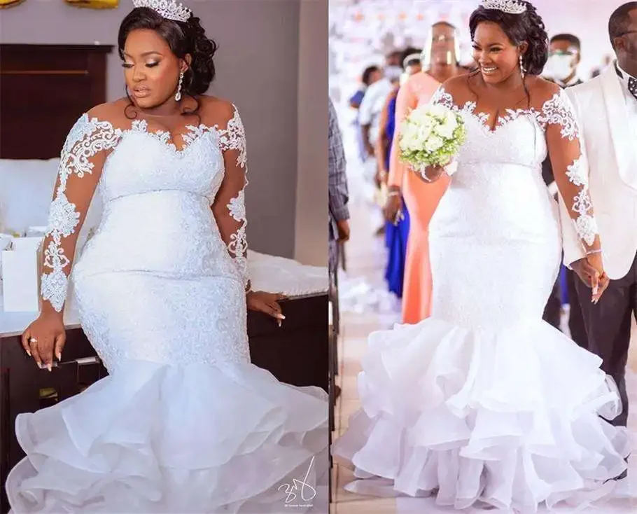 Vestido de novia de novia hecho a medida de manga larga de sirena de encaje nupcial africano personalizado nueva moda 2024