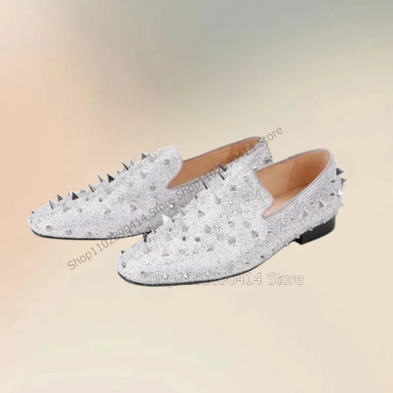 Mocasines con remaches de diamantes de imitación dorados y plateados para hombre, zapatos informales sin cordones, lujosos, hechos a mano, para fiesta y banquete