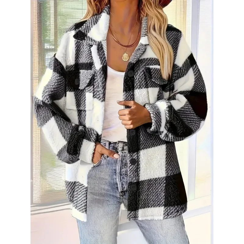 Evropa a Spojené státy podzimní a zimní dámské volnočasové klopové kostkované kabáty s kostkovaným vzorem a knoflíky vpředu, dámské topy - náhled 3