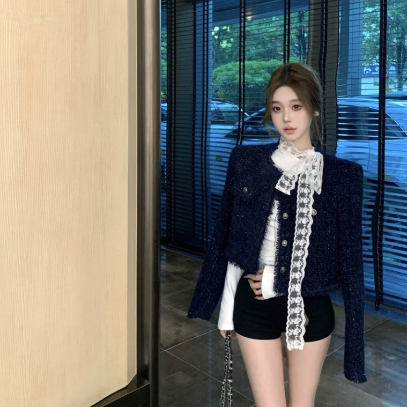 Women's Blue Round Neck Long Sleeve Coat In Chanel Style With Loose Fit And Short Knit Cardigan Outerwear For Autumn