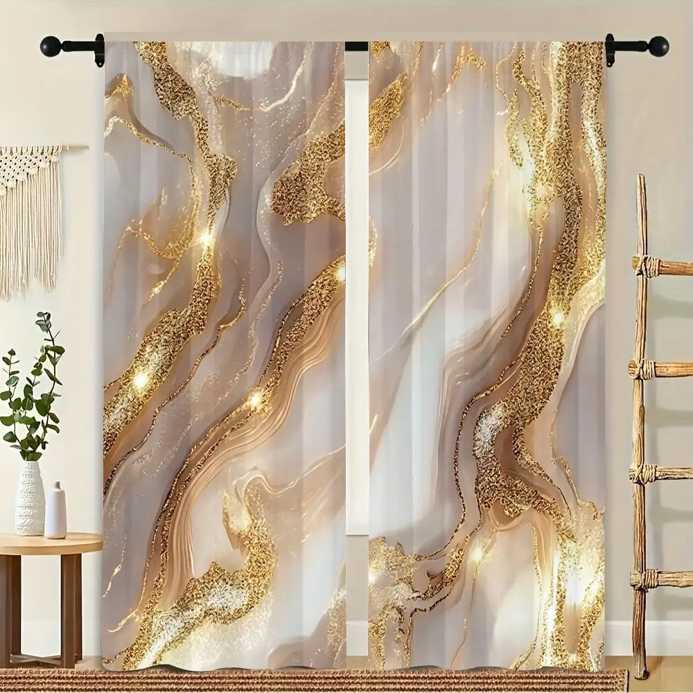 

2Pcs Curtain Luxurious Gold And White Elegant Marbled Pattern Window Drapes for Bedroom Living Room Decoration Window Treatment.