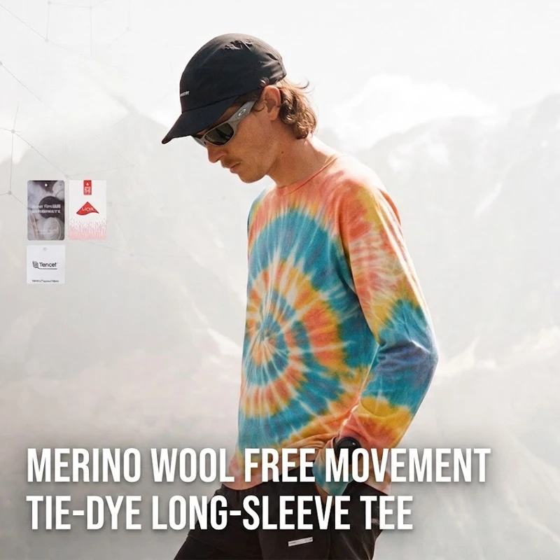 Men's Colorful Tie-Dye Merino Wool Long Sleeve Crew Neck T-Shirt – Soft & Breathable Outdoor Base Layer for Hiking & Running